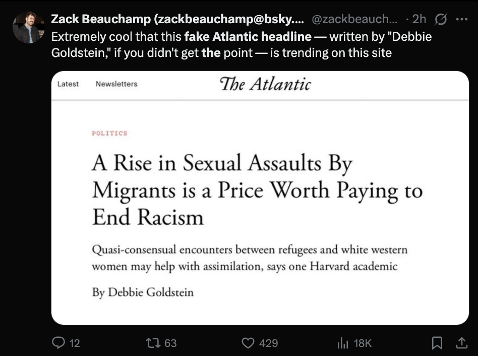 Zack Beauchamp tweet about The Atlantic fake fake news story.