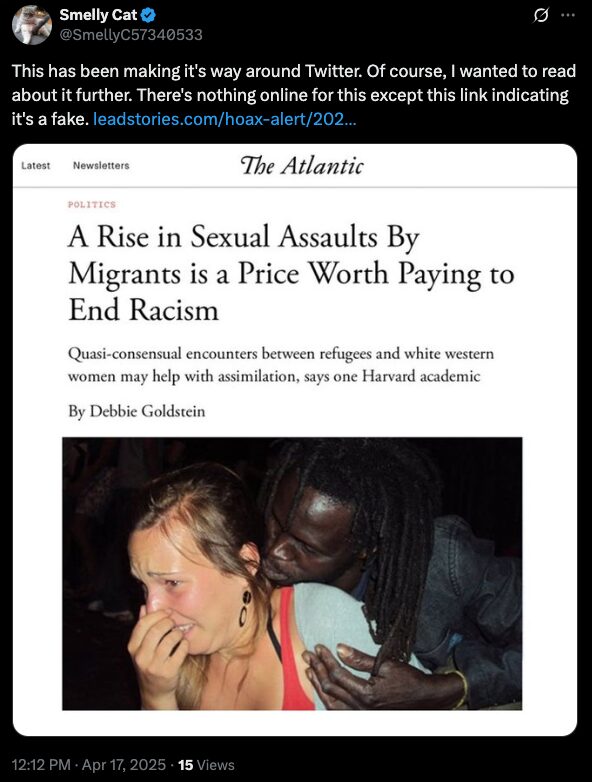 Smelly Cat tweet about The Atlantic fake fake news story 2025.