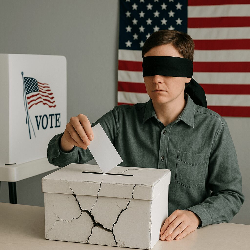 Person with a blindfold on placing a ballot in a broken box with American flags and signage surrounding them saying to 