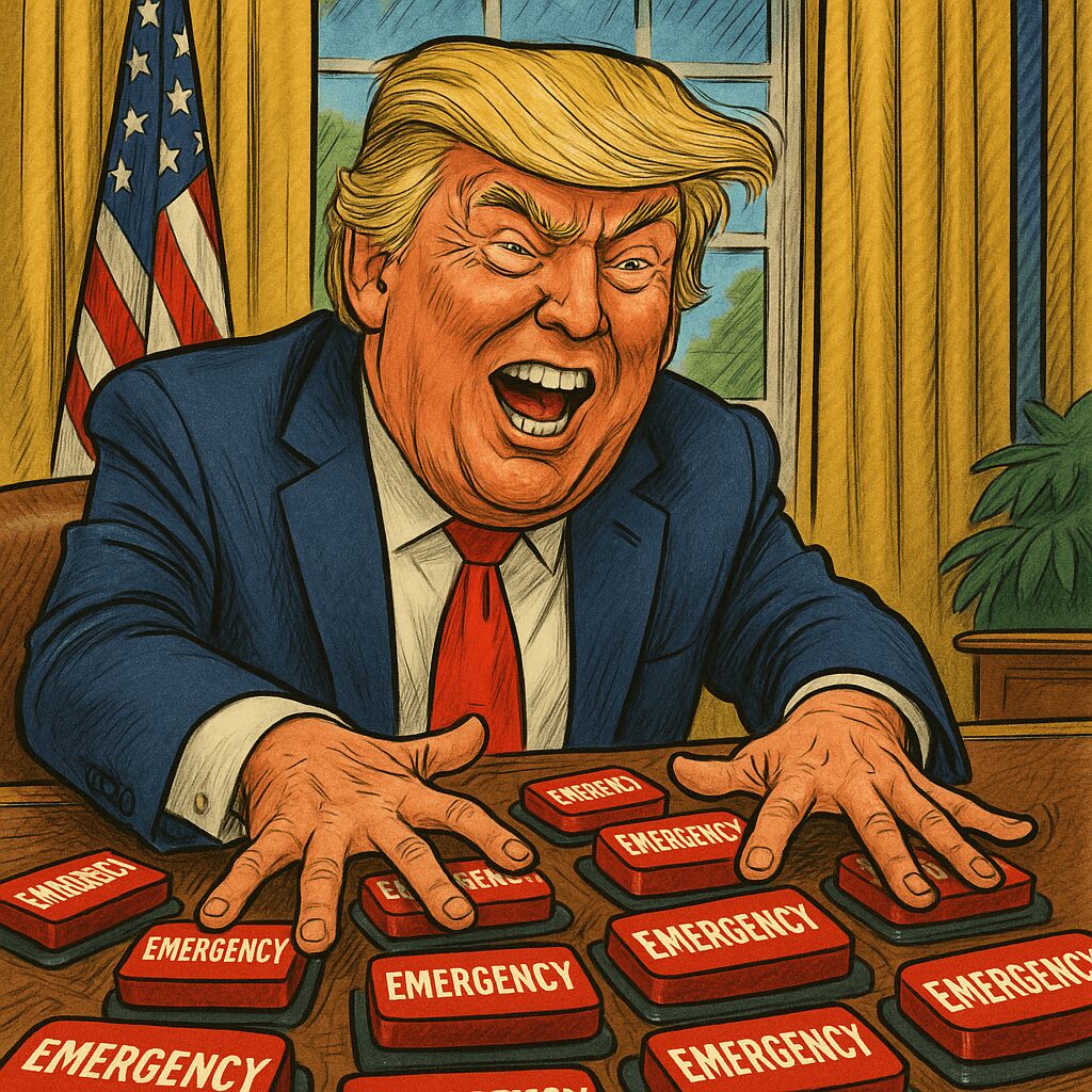 Donald Trump is a madman pushing too many federal emergency buttons at one time - as a political cartoon.