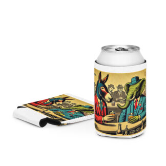 American Uniparty Ticket Can Koozie mockup with (1) koozie lay flat and (1) koozie on a can.