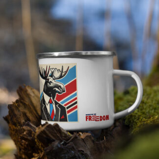 Bull Moose Political Animals Camping Mug mockup in the wilderness showing the moose.
