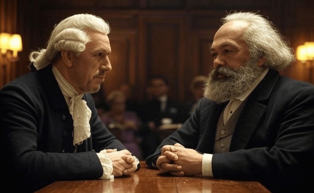Realistic depiction of Karl Marx sitting at a table debating Adam Smith.