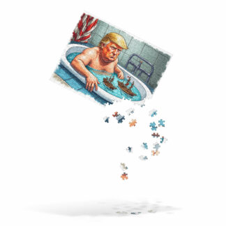 Donald Trump Bathtub Puzzle mockup showing the puzzle levitating in air as pieces fall off of it.