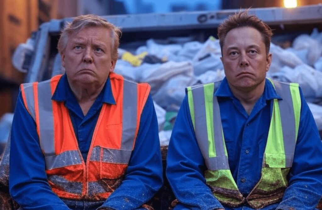 Surrealistic image depicting Donald Trump and Elon Musk as sad garbage.