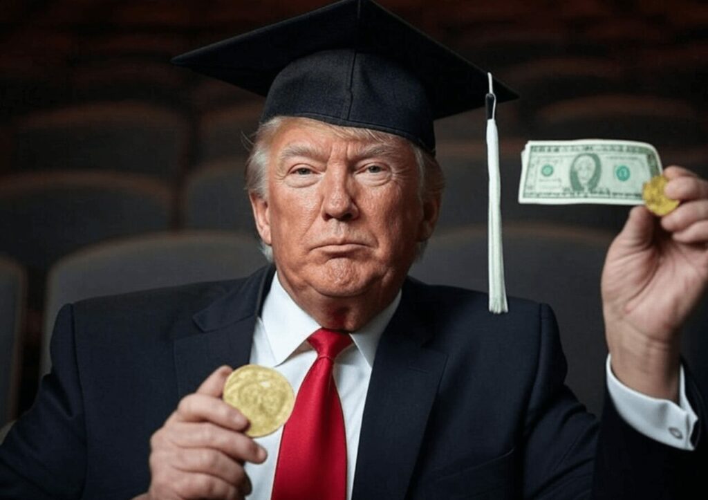 Surrealistic depiction of Donald Trump holding coins and a dollar bill dressed in his typical blue suit and red tie, with a graduate cap on.