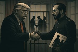 Illustration of Donald Trump and Nayib Bukele making a personal slave trade deal.