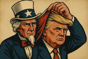 Satirical illustrated image of Donald Trump using Uncle Sam to hide under.