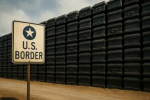 The American border hoax surrealistic depiction of a wall made of unmarked caskets.